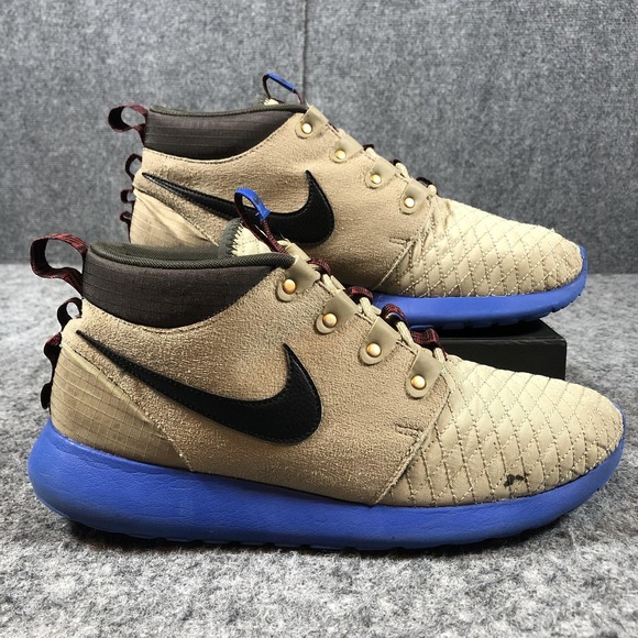 Nike Roshe Run Mid Sneaker Boot Shoes Mens Size 9.5 Beige Blue Suede 615601-200 - Picture 2 of 16